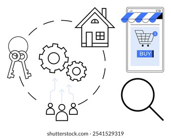 Diagrama conceptual que muestra los Elementos relacionados con los bienes raíces y el comercio electrónico. Incluye casa, llaves, engranajes, figuras humanas, una lupa y un App de compras móvil. Ideal para negocios, tecnología