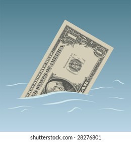 Conceptual dollar bill sinking in trouble waters
