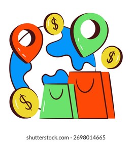 Icono conceptual del diseño del doodle de la ubicación de compras global