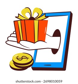 Icono conceptual del diseño del doodle del regalo móvil