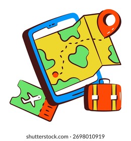 Icono conceptual del diseño del doodle del mapa móvil