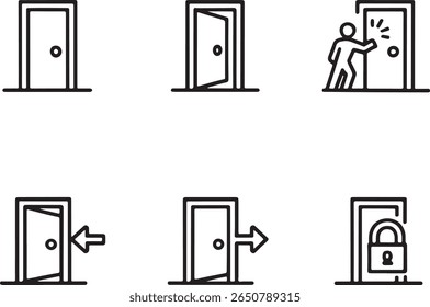 Portes conceptuelles représentant différentes actions et différents états de sécurité dans un style d'art simple en ligne noire et blanche