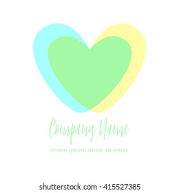 Conceptual Double heart icon. Simple romantic logo. Blue and yellow crossed shapes in intersection form the third green. Concept for family, pregnancy, wedding or romantic design.
