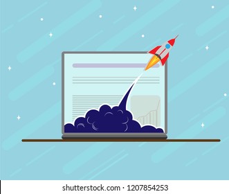 Conceptual drawing of the beginning of the project. The rocket breaks out of the laptop monitor screen