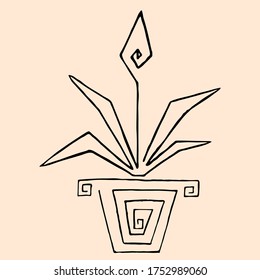 Conceptual drawing of a house plant, Doodle Spathiphyllum. Icon for a website.Schematic image of a potted plant. Design image of a flower for textiles. Hand drawing in vector