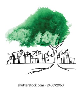 Konzeptuelle Zeichnung. Erhaltung der Vegetation in großen Städten. Grüner Aquarellbaum gegen die Industriestadt.
