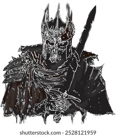 Conceptual drawing of an undead necromancer king holding a sword