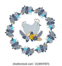 Conceptual Easter illustration with chicken and Easter wreath decorated with eggs, feathers, flowers. Vector illustration