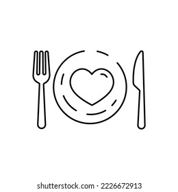 Conceptual Eat Healthy Icon. Heart And Dining Plate Sign. Concept Eat Well For Your Health Symbol. Thin Line Icon On White Background. Vector Illustration.