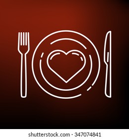 Conceptual eat healthy icon. Heart with knife fork and plate sign. Healthy diet symbol. Thin line icon on red background. Vector illustration.