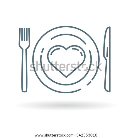 Conceptual eat healthy icon. Heart and dining plate sign. Concept eat well for your health symbol. Thin line icon on white background. Vector illustration.