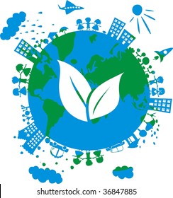 conceptual eco image of globe with icon of grass on