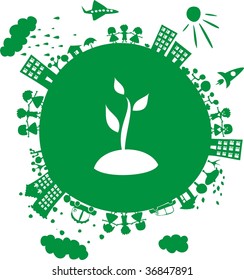 conceptual eco image of globe with icon of grass on