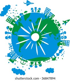 conceptual eco image of globe with icon of sun on