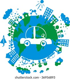 conceptual eco image of globe with icon of car on