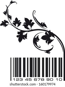 Conceptual ecological illustration bar-code with floral branch. Vector.