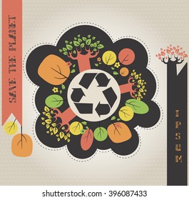 Conceptual ecological illustration with colored plants and recycle icon
