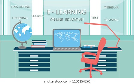 Conceptual education and online learning - table, computer, globe, books - vector art illustration.