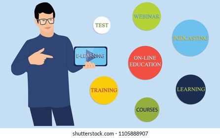 Conceptual education and online training - young man shows a hand on a plane table with an inscription E-learning - art vector illustration.