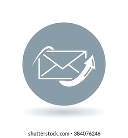 Conceptual Email Arrow Icon. Sent Mail Sign. Envelope Post Symbol. White Icon On Cool Grey Circle Background. Vector Illustration.