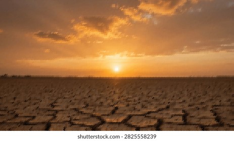 Conceptual environmental scene depicting parched desert soil with deep fractures under glowing sun. Symbolism for drought global warming and heat.