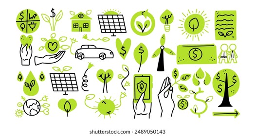 Conceptual ESG icons set. Doodle elements for green business. Eco and sustainable living collection. Vector illustration. 