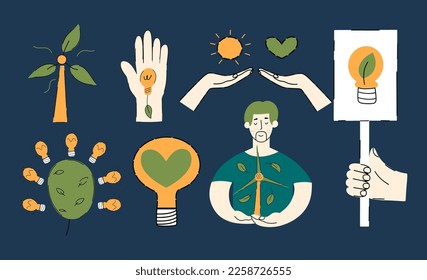 Iconos ESG conceptuales. Iconos ecológicos sostenibles con las manos, molino de viento, energía, hombre. Ilustración dibujada a mano por el vector