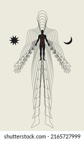 Conceptual esoteric illustration of the human body and soul. Deep meditation or rebirth concept. Vector illustration