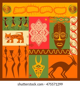 Conceptual ethnic illustration with different african animals, ornament, mask and people made in flat design style Travel to africa banner template Explore the world. Vector eps10