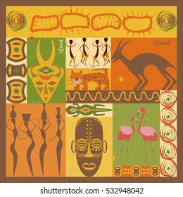 Conceptual ethnic illustration with different african animals, ornament, mask and people made in flat design style. Africa day banner. Template Explore the world. Vector eps10