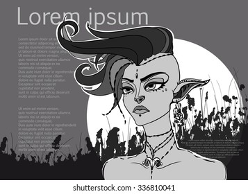 Conceptual fantasy character, vector illustration. Portrait of a elven punk girl with mohawk. Art for poster, flayer or t-shirt print.