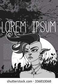 Conceptual fantasy character, vector illustration. Portrait of a elven punk girl with mohawk. Art for poster, flayer or t-shirt print.