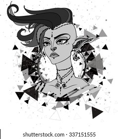 Conceptual fantasy character, vector illustration. Portrait of a elven punk girl with mohawk. Monochrome hipster vintage art for poster, flayer or t-shirt print.