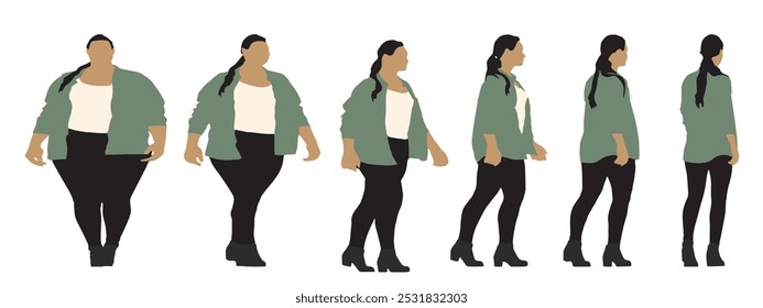 Conceptual fat overweight obese female vs slim fit healthy body after weight loss or diet on white background banner. A  fitness, nutrition or obesity, health shape illustration vector as silhouettes