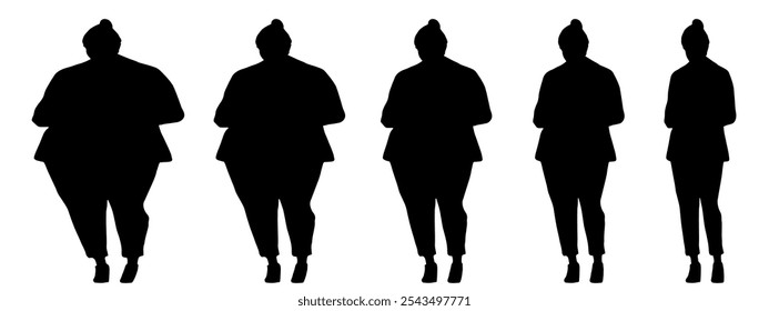 gordura conceitual obeso feminino vs magro cabem o corpo saudável após a perda de peso ou dieta no fundo branco banner. Uma aptidão, nutrição ou obesidade, forma de saúde ilustração vetor como silhuetas