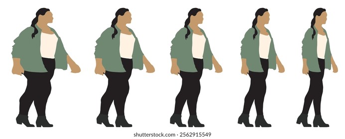 Conceptual fat overweight obese female vs slim fit healthy body after weight loss or diet on white background banner. A  fitness, nutrition or obesity, health shape illustration vector as silhouettes