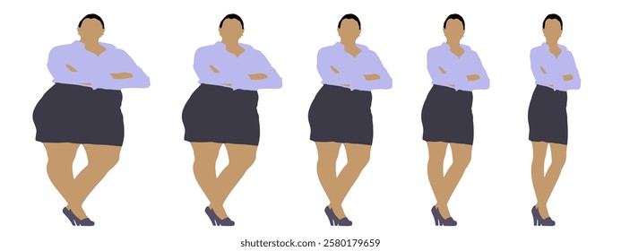 Conceptual fat overweight obese female vs slim fit healthy body after weight loss or diet on white background banner. A  fitness, nutrition or obesity, health shape illustration vector as silhouettes