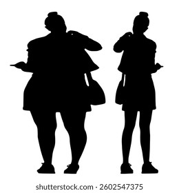 Conceptual fat overweight obese female vs slim fit healthy body after weight loss or diet on white background. A  fitness, nutrition or obesity, health shape illustration vector as silhouettes