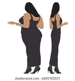 Conceptual fat overweight obese female vs slim fit healthy body after weight loss or diet on white background. A  fitness, nutrition or obesity, health shape illustration vector as silhouettes