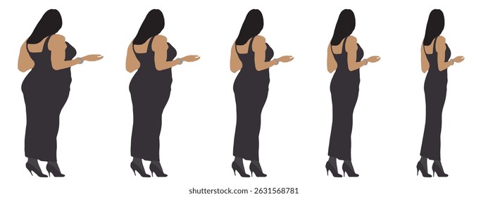 Conceptual fat overweight obese female vs slim fit healthy body after weight loss or diet on white background banner. A  fitness, nutrition or obesity, health shape illustration vector as silhouettes
