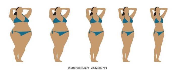 Conceptual fat overweight obese female vs slim fit healthy body after weight loss or diet on white background banner. A  fitness, nutrition or obesity, health shape illustration vector as silhouettes