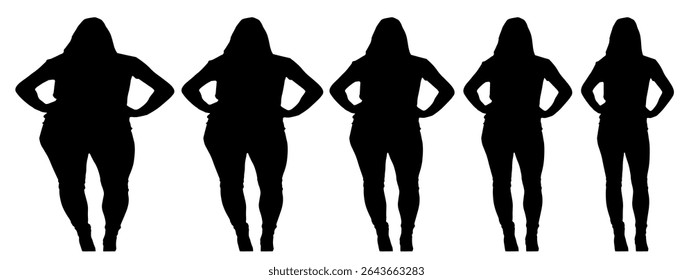 Conceptual fat overweight obese female vs slim fit healthy body after weight loss or diet on white background banner. A  fitness, nutrition or obesity, health shape illustration vector as silhouettes