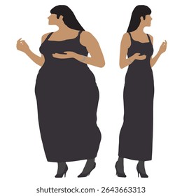 Conceptual fat overweight obese female vs slim fit healthy body after weight loss or diet on white background. A  fitness, nutrition or obesity, health shape illustration vector as silhouettes
