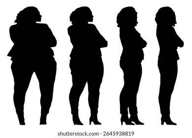 Conceptual fat overweight obese female vs slim fit healthy body after weight loss or diet on white background banner. A  fitness, nutrition or obesity, health shape illustration vector as silhouettes