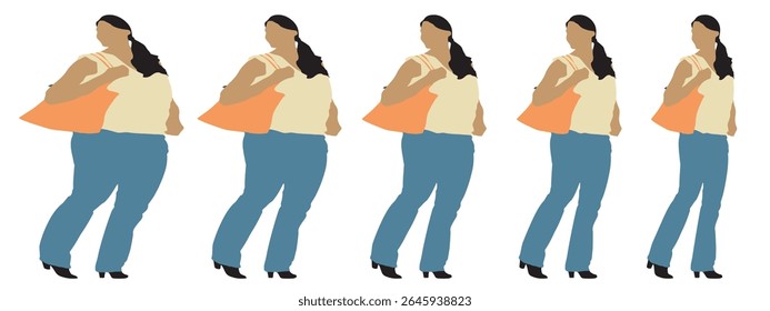 Conceptual fat overweight obese female vs slim fit healthy body after weight loss or diet on white background banner. A  fitness, nutrition or obesity, health shape illustration vector as silhouettes