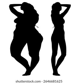 Conceptual fat overweight obese female vs slim fit healthy body after weight loss or diet on white background. A  fitness, nutrition or obesity, health shape illustration vector as silhouettes