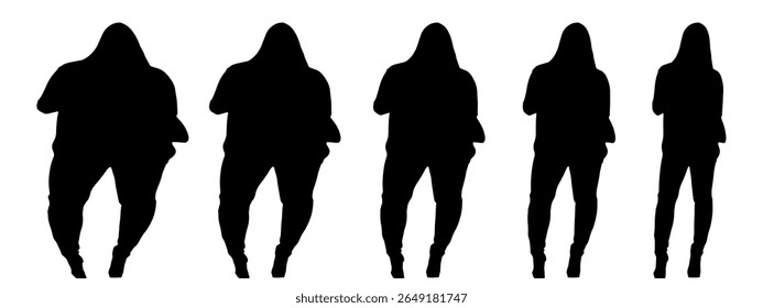 gordura conceitual obeso feminino vs magro cabem o corpo saudável após a perda de peso ou dieta no fundo branco banner. Uma aptidão, nutrição ou obesidade, forma de saúde ilustração vetor como silhuetas