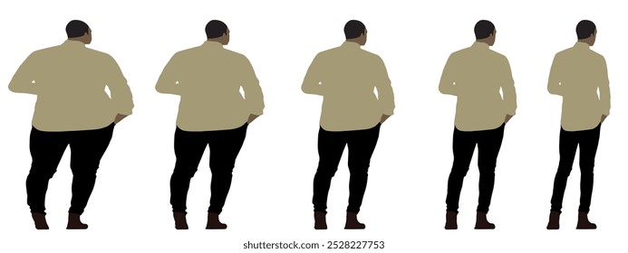 Conceptual fat overweight obese man vs slim fit healthy body after weight loss or diet, white background banner. A  fitness, nutrition or obesity, health care shape illustration vector as silhouettes