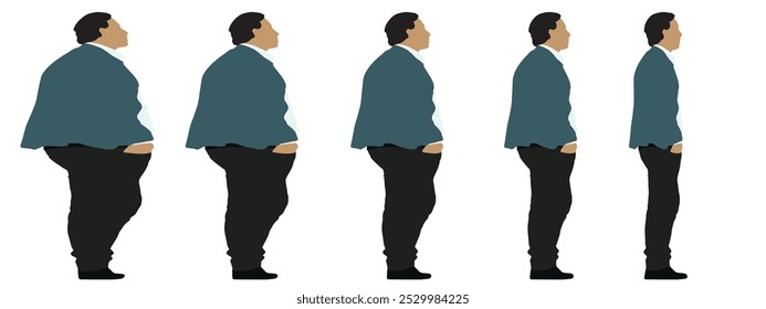 Conceptual fat overweight obese man vs slim fit healthy body after weight loss or diet, white background banner. A  fitness, nutrition or obesity, health care shape illustration vector as silhouettes