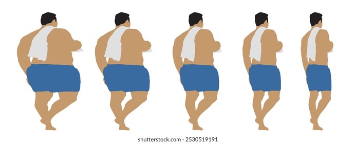 Conceptual fat overweight obese man vs slim fit healthy body after weight loss or diet, white background banner. A  fitness, nutrition or obesity, health care shape illustration vector as silhouettes